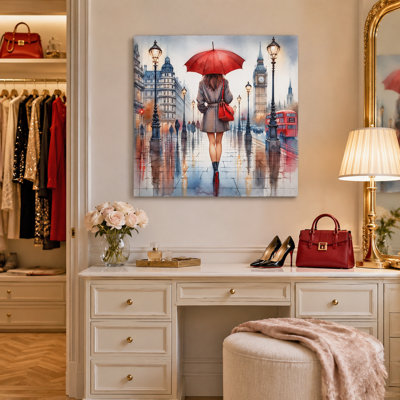 «London Rainy Street», parapluie rouge, aquarelle, paysage urbain, toile tendue