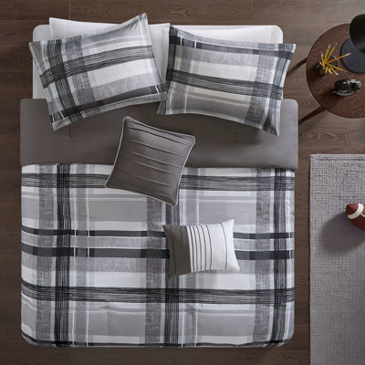 Full/Queen Plaid Comforter - Modern Bedding In Deep Black And Grey Comforter, Shams, 2 Pillows Soft Ensemble With Collection