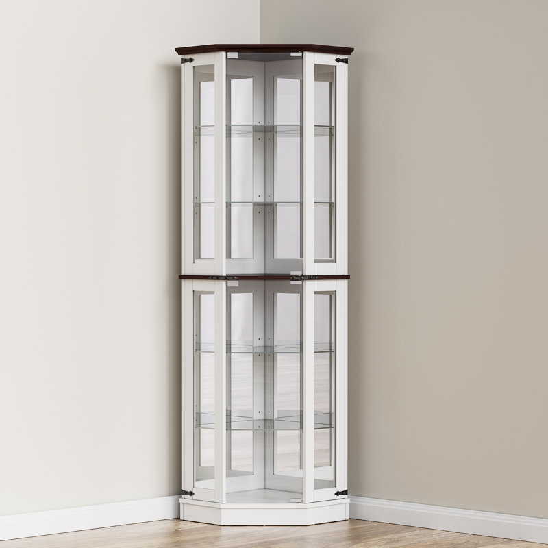 armoire de coin blanche, vitrines éclairées avec tablettes en verre