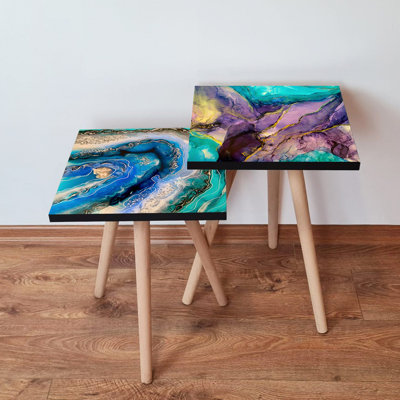 Elegant Marble Nesting Table Set (2 Pieces), Abstract Design, 13.8 x 18.5 x 13.8 inches & 13.8 x 16.5 x 13.8 inches | 100% MDF with Beech Wood Legs, Sturdy & Stylish for Living Room, Modern Home Décor