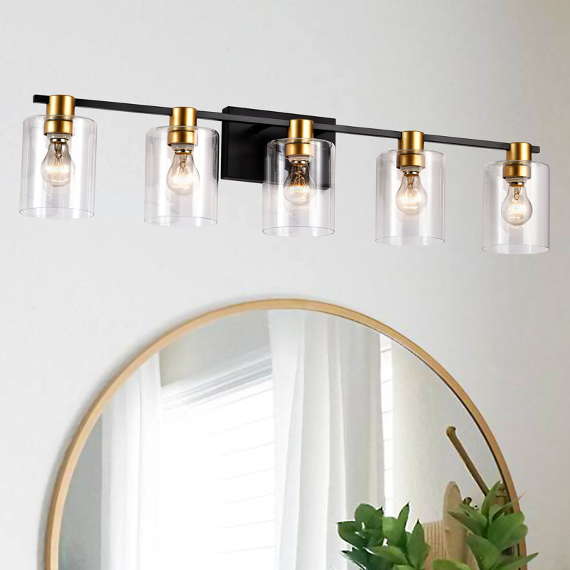 Exquis noir mat + doré - 5 luminaires de salle de bain avec abat-jour en verre pour couloirs modernes