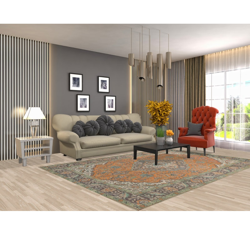 Tapis traditionnel orange en laine à motif floral 6 x 9
