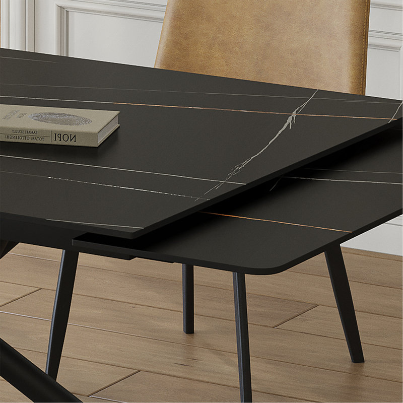 Table de salle à manger rétractable en pierre frittée, de conception rectangulaire moderne, avec des pieds en acier au carbone noir au bas, 83 pouces convenant à 6 à 8 sièges