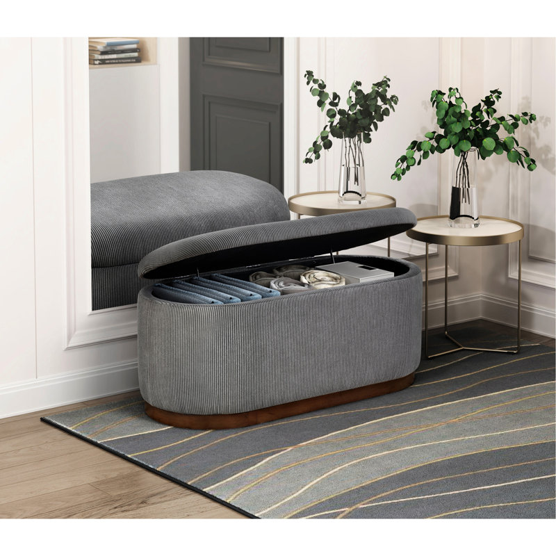 Banc de rangement relevable en velours côtelé gris avec siège en mousse