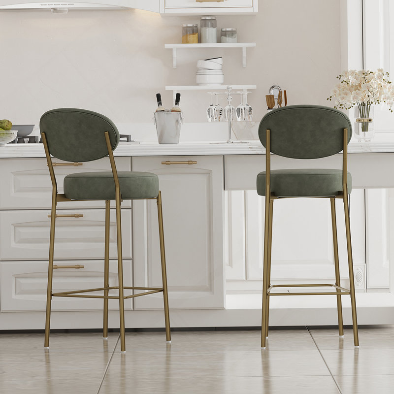 29'' H Seat Height Upholstered Bar Stools Set Of 2 Faux Leather Counter Dining Stool With Golden Legs Modern Round Kitchen Chairs (Green)