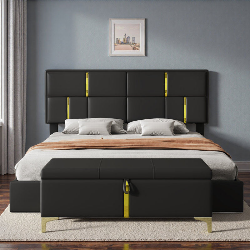 Les ensembles de chambre à coucher 2 pièces comprennent 1 lit plateforme tapissier avec système de rangement hydraulique, 1 repose-pieds avec rangement et pieds en métal