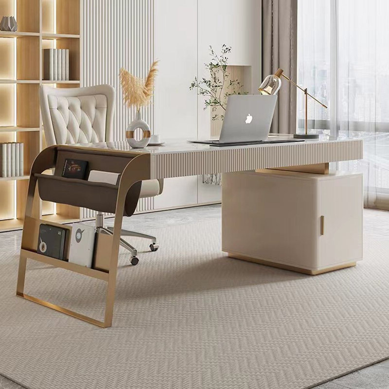 Bureau beige et blanc + pierre frittée rectangulaire dorée + bois manufacturé + bureau en acier inoxydable avec 5 tiroirs