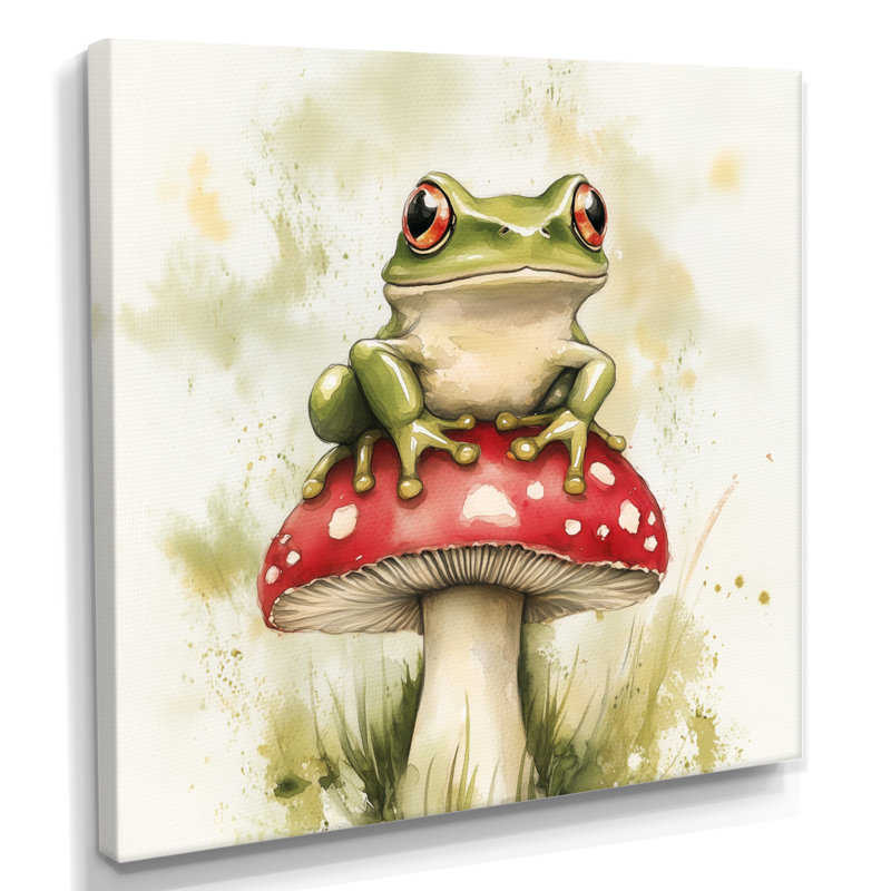«White Frog on the Forest Toadstool», impression sur toile encadrée Woodland, 16" H x 16" W, Wrapped Canvas