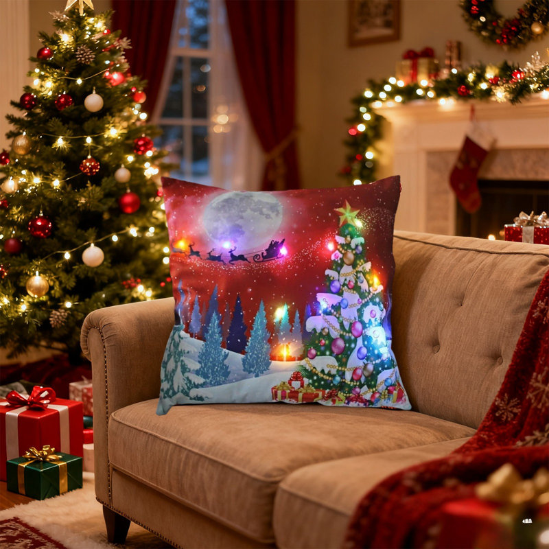 Oreillers de Noël à DEL Cadeaux des Fêtes Oreillers à DEL qui peuvent s'allumer ou rester allumé Deux modes de changement de mode Imprimé Canapé Coussins Coussins d'oreiller