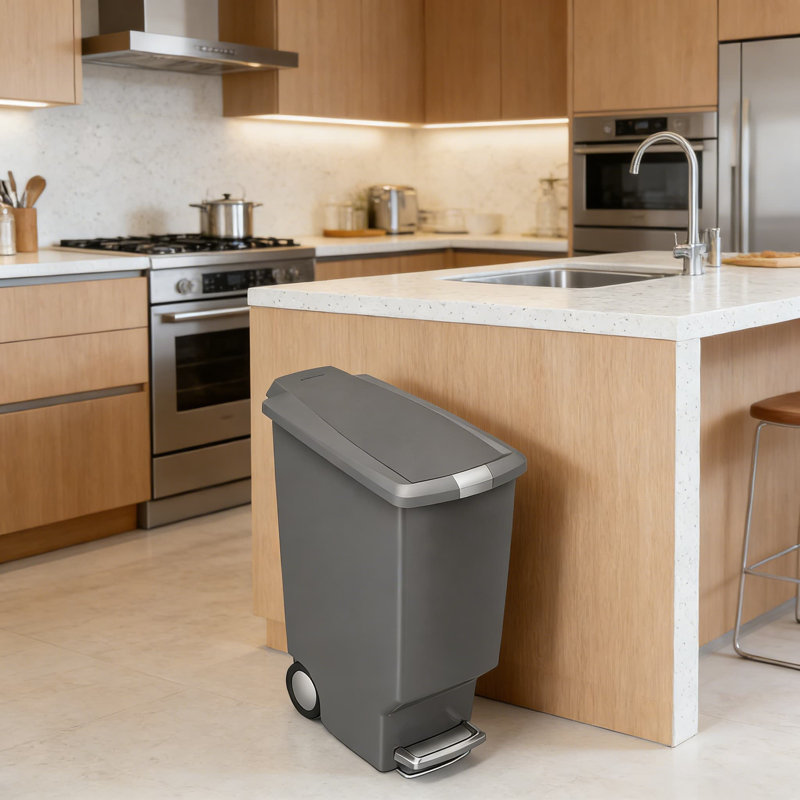 Poubelle de cuisine mince avec serrure coulissante sécurisée, couvercle à fermeture silencieuse, roulettes intégrées et fonction d'ouverture, capacité de 40 litres