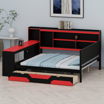 Multifunctional Bed Frame with Built-in Desk, Storage Drawers, and Power Outlets