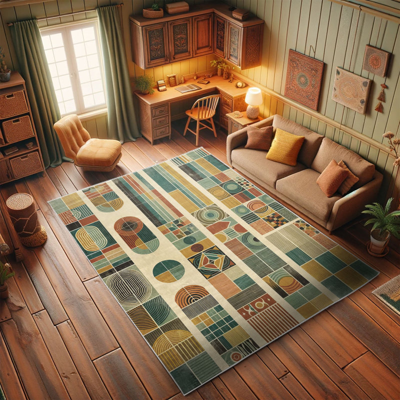 Mid-Century Modern Geometric Multicolor Synthetic Area Rug 2' 5" x 5'