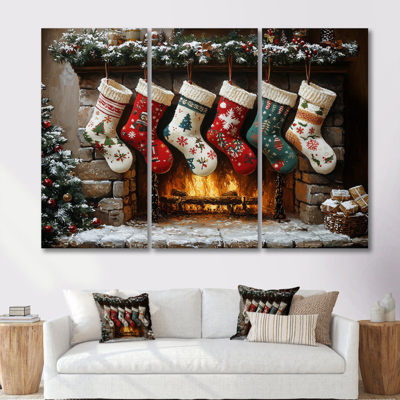 Chaussettes de Noël vertes - ensemble de décorations murales de Noël, Toile tendue, H 32 po x l 48 po x P 1 po