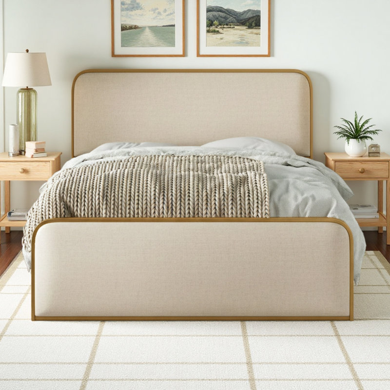 Upholstered Bed with Storage, King, Beige/Gold, Storage Included