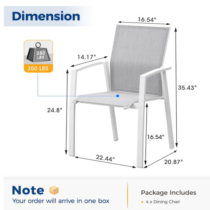 Ensemble de 4 chaises de patio en aluminium de 22,44 po de largeur, entièrement assemblées et empilables, 360 lb