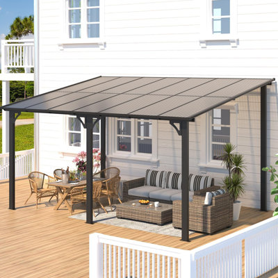 10x12Ft Wall Mounted Gazebo Hard Top Lean to Pergola with Roof & Gutters, Large Wall-Mounted Heavy Duty Awnings, Outdoor Gazebo for Patio, Deck, Porch, Backyard, Black