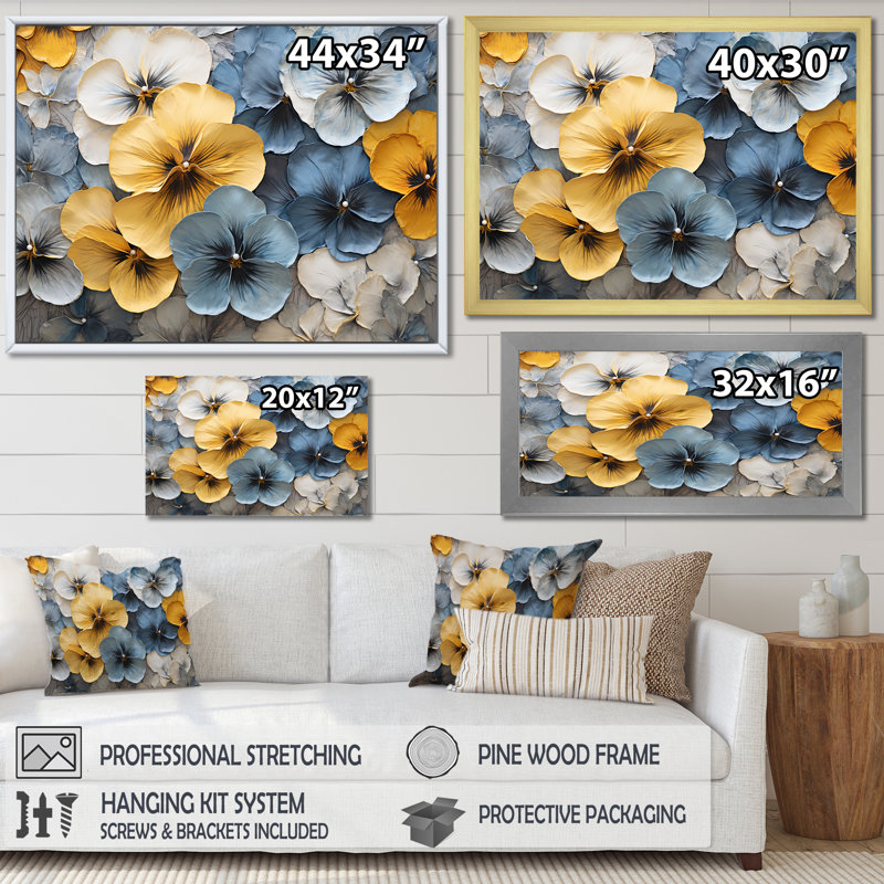 Impression sur toile Elegant Yellow and Blue Pansy - Pansies, H 30 po x l 40 po x P 1,5 po, Cadre simple blanc