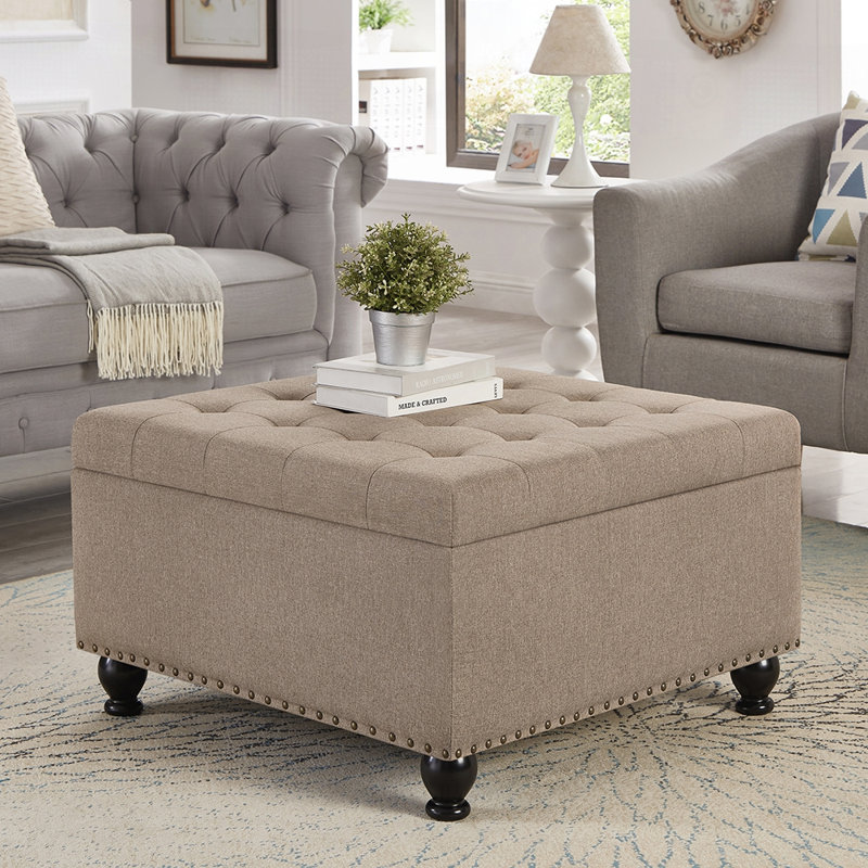 Large Square Storage Ottoman with Wooden Legs, Button Tufted Coffee Table with Nail Trims, Multi-Functional and Durable Design