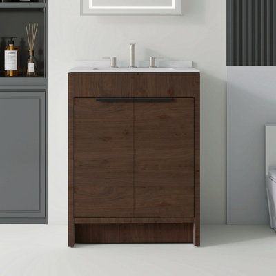 Meuble-lavabo autoportant de 24 po avec lavabo, porte à fermeture en douceur, comptoir en marbre de culture blanc de 0,6 po et dosseret, contreplaqué