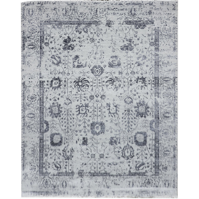 Tapis argenté et gris foncé noué à la main de haute qualité, Rectangle 8 pi x 10 pi