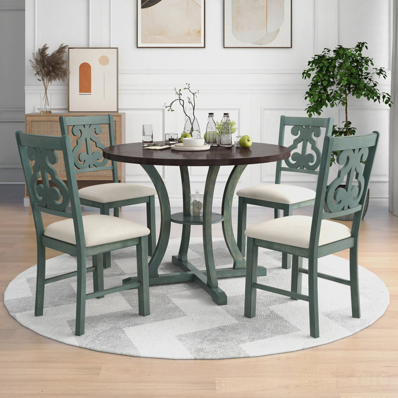 Table de salle à manger 5 pièces et 4 chaises en tissu avec pieds de table et tablette de rangement, Brun/vert