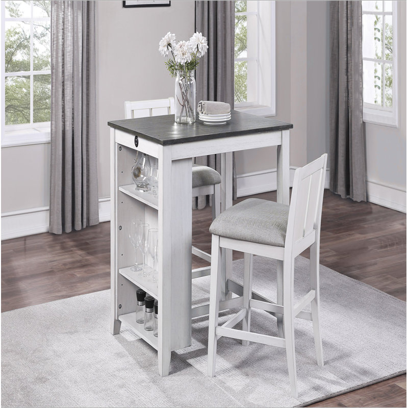 Ensemble de 3 tables à hauteur de comptoir de style transitionnel avec finition blanche et grise avec tablettes USB et 2 chaises à hauteur de comptoir rembourrées en tissu