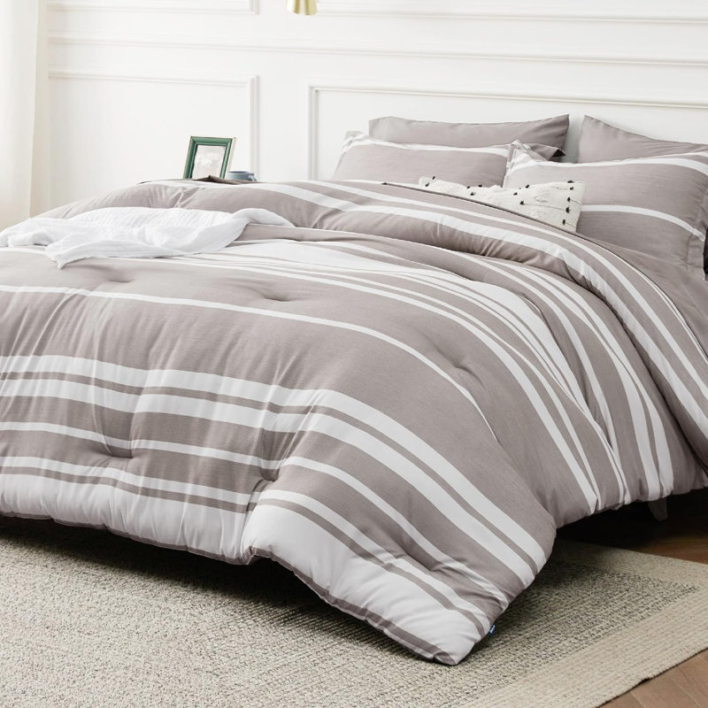 Bedsure Comforter Set 7 Pieces,Cationic Dyeing Bed in a Bag with Comforter, Sheets, Pillowcases & Shams, Navy Striped
