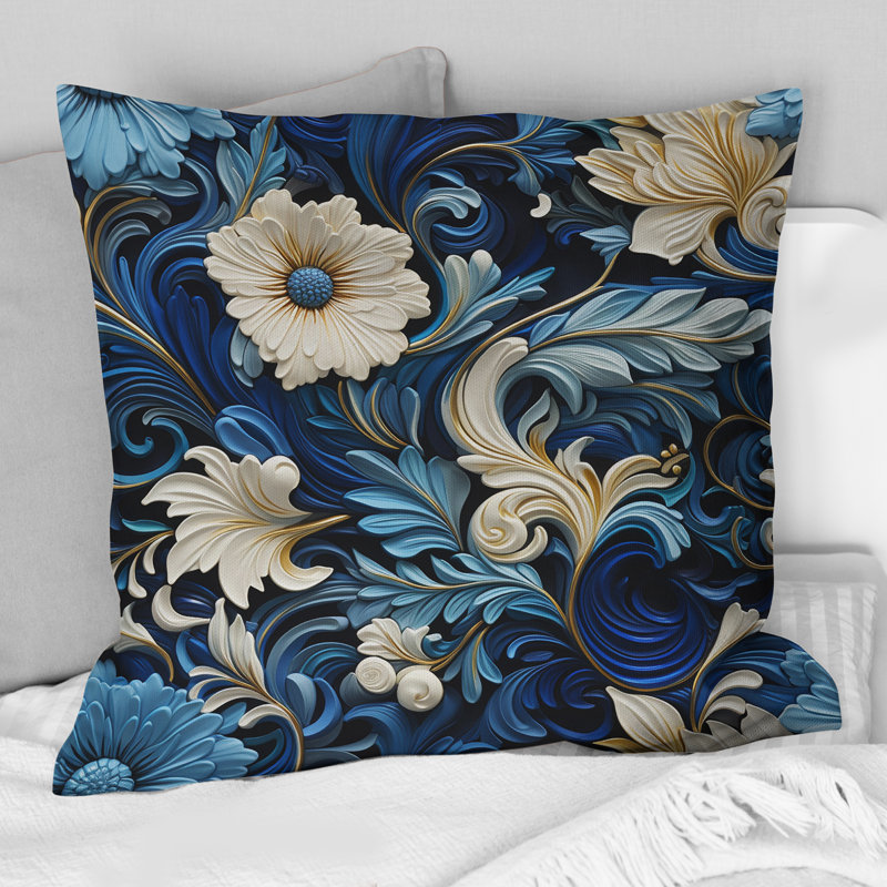 Motif victorien à volutes bleues - motif floral imprimé, H 18 po x l 18 po