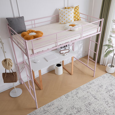 Pink Full Loft Bed With Stairs Metal Single Loft Bunk Bed With Safety Guard Rails And 2 Side Ladder