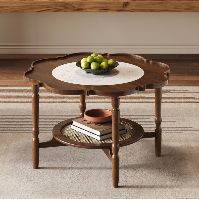 Table basse de style Mid-Century avec forme de pétale et verre à motif craquelé blanc, table basse à 2 niveaux avec rotin, noyer, 31,5 po