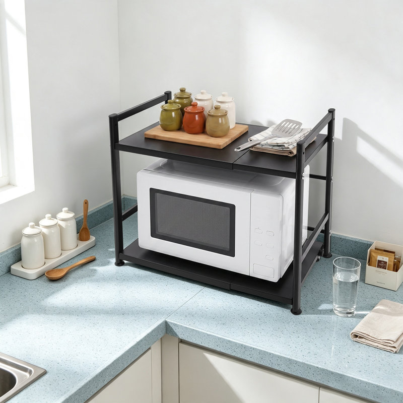 18.5" 2-Tier Extendable Microwave Rack with Hooks, Kitchen Countertop Shelf, White