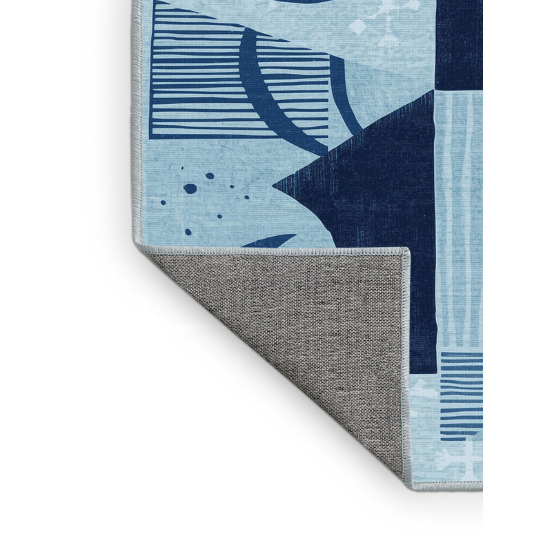Machine Washable Peoro Global Inspired Block Print Rug in Blue – SkyBlue Binding, 3x5