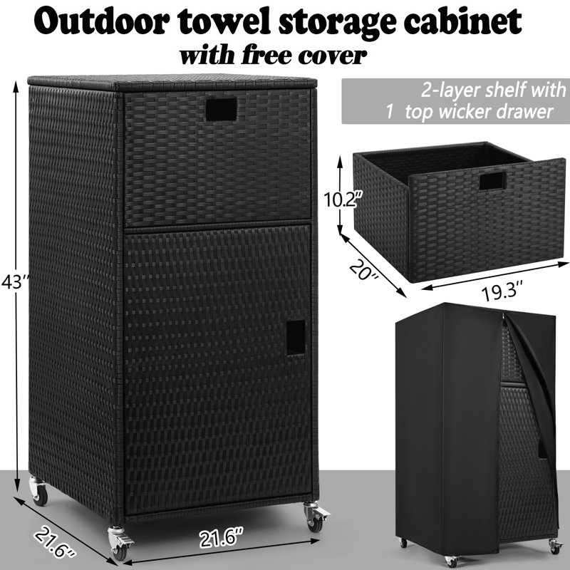 Outdoor Pool Towel Storage Cabinet Outdoor Towel Rack For Pool With Shelf & Drawer Pool Towel Holder With Rolling Wheels Hot Tub Towel Rack W/Waterproof Cover Poolside Towel Valet Caddy For Spa Black