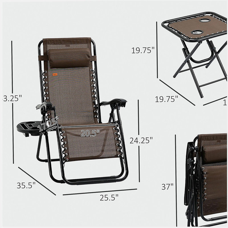 Ensemble de chaise à gravité zéro Outsunny avec table d'appoint, chaise inclinable pliante avec porte-gobelets et coussins, chaise longue réglable pour piscine, jardin, pelouse, plage, brun