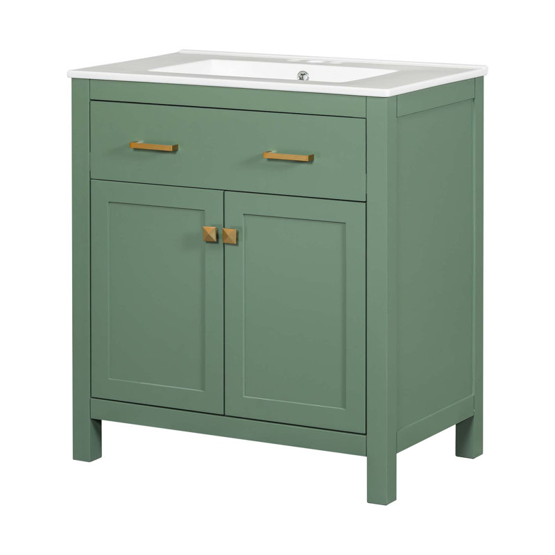 Meuble-lavabo moderne simple avec lavabo en céramique, 2 portes à fermeture douce et 1 tiroir coulissant, Vert, Or