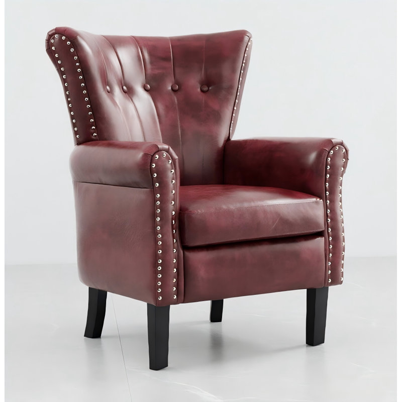 Velvet Accent Chair Upholstered Tufted Wingback With Nailhead Around For Room, Red Faux Leather