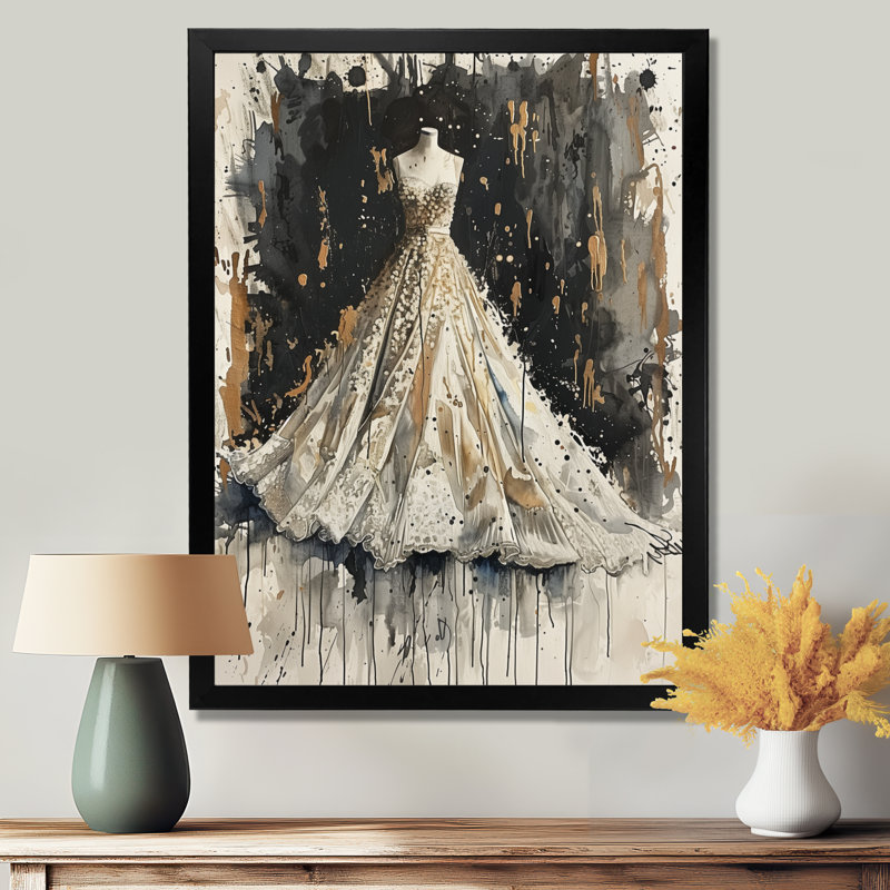 Illustration de robe de mode glamour dorée et noire II - décoration murale tendance, Sans cadre, métal, H 32 po x l 16 po
