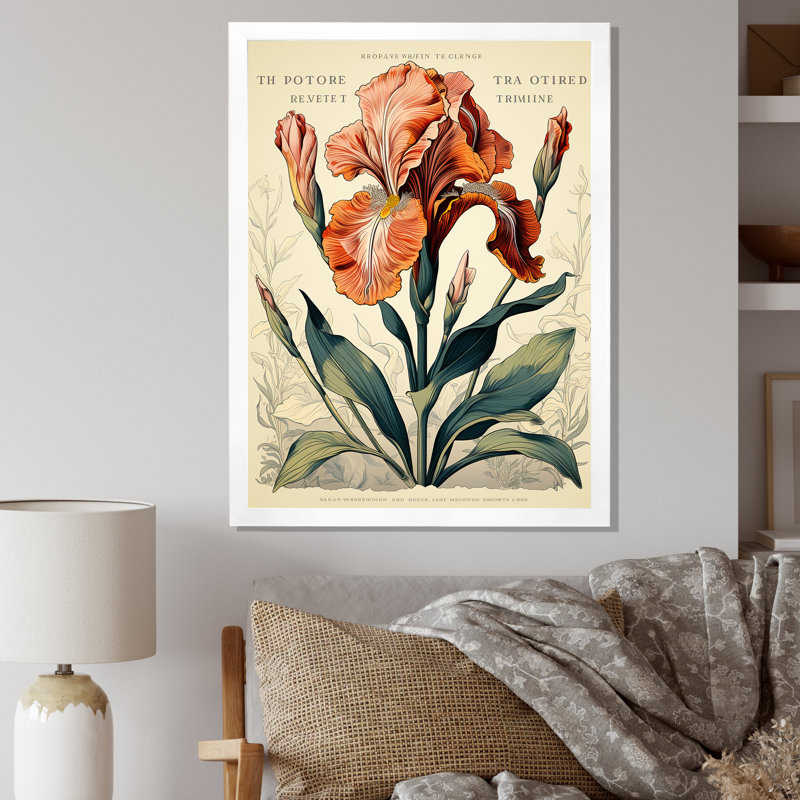 Iris rouge, illustration rétro sur toile, H 44 po x l 34 po x P 1,5 po, Cadre simple blanc