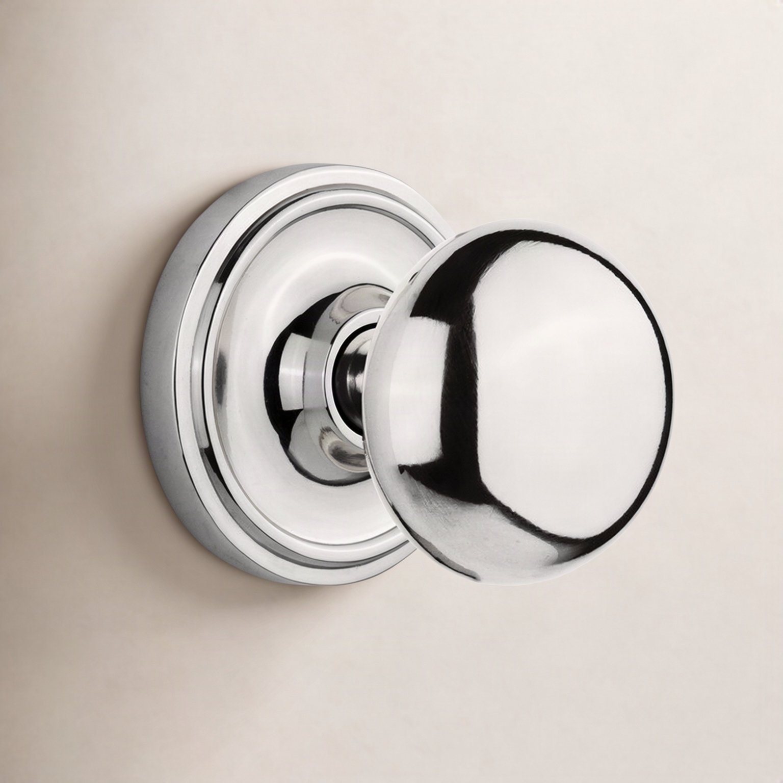 New York Door Knob with Classic Rosette, Bright Chrome, 2-3/8”
