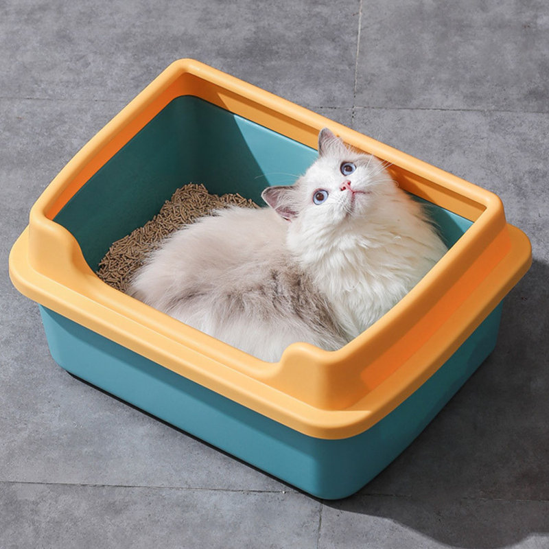 Litière pour chat avec côtés ouverts , Bleu / Jaune