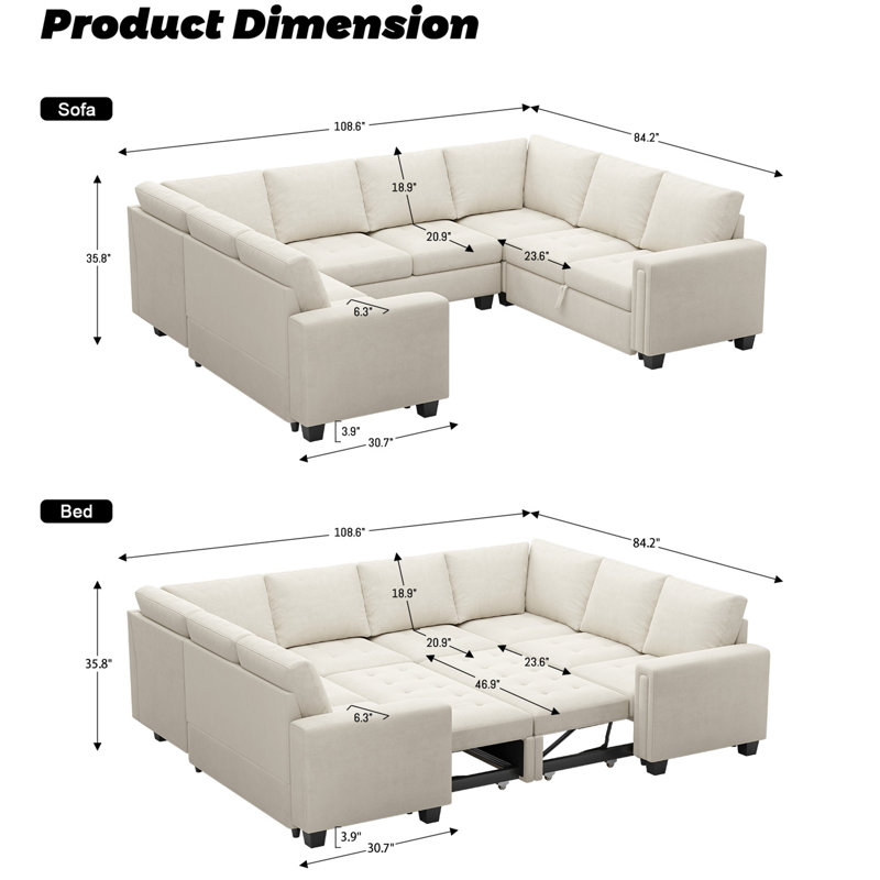 Canapé-lit convertible surdimensionné en U Shavera, Velours beige