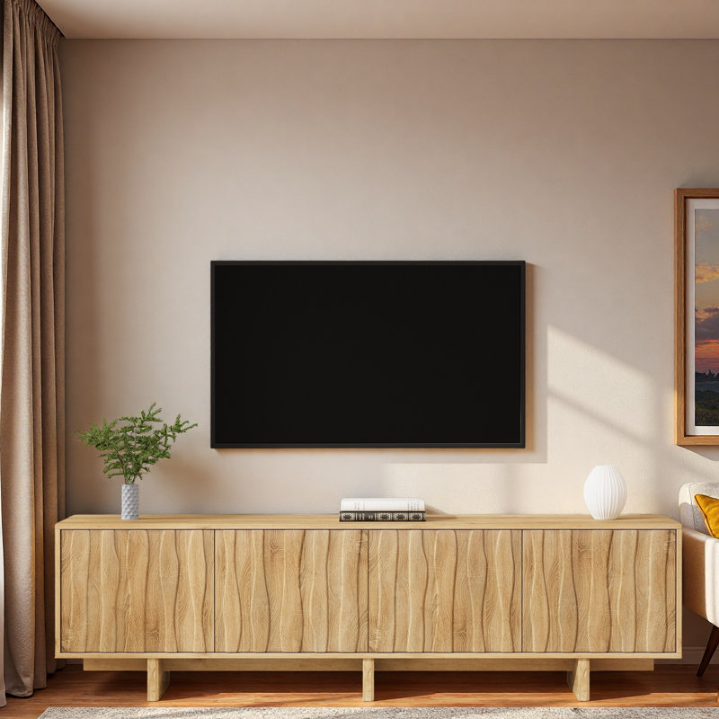 Meuble télé 69,9 po de style rétro avec portes ondulées, armoires spacieuses et gestion des câbles