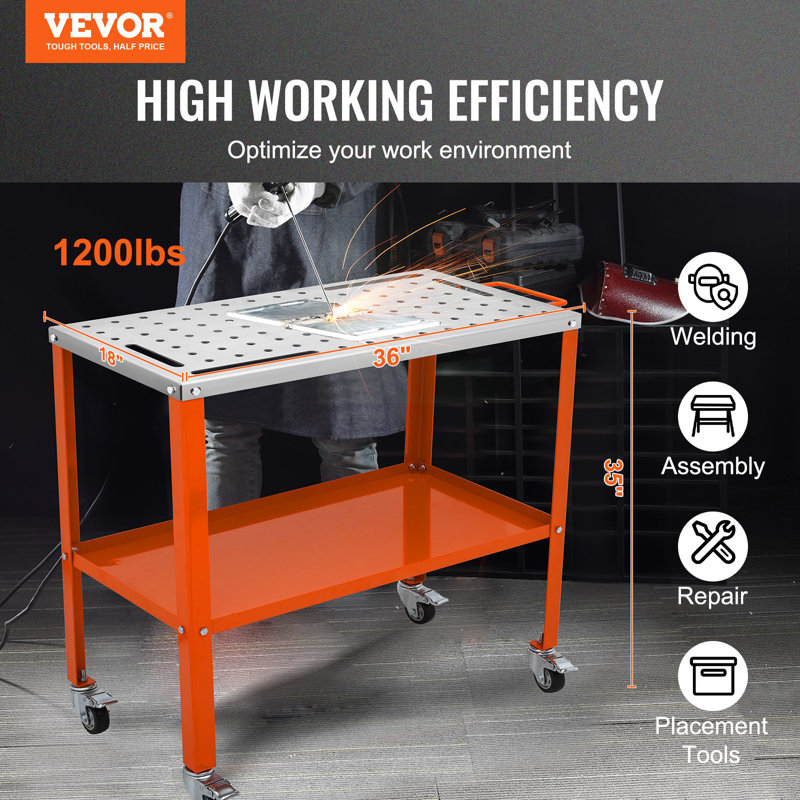 Table de soudage 36 po x 18 po, table de travail en acier à capacité de charge de 1200 lb sur roulettes, banc de travail portatif avec roulettes verrouillables, 4 fentes pour outils, trous de 5/8 po, plateau à outils