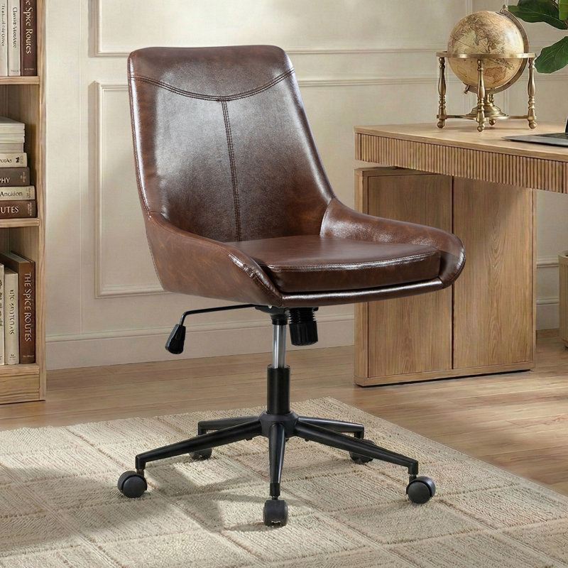 Faux Leather Armless Swivel Task Chair with Tilting Rock and Adjustable Seat Height, Dark Brown,  Dark Brown Faux Leather
