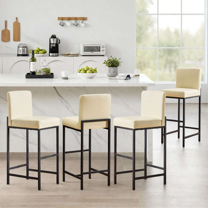 Bar Stools Set Of 4, 30'' Tall Barstools, Counter Height Bar Stools With Back Support, Faux Leather, Metal Legs, Upholstered Seat Cushion Modern Barstool, Use For Kitchen Island Home Bar, Beige