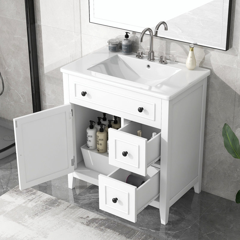 Meuble-lavabo simple avec plateau Thedis 30, Blanc, Noir