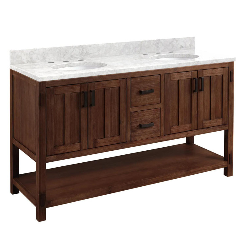 60" Walnut Double Bathroom Vanity with Carrara Marble Top