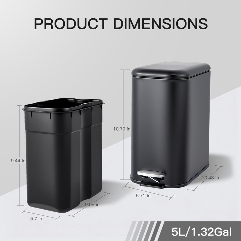 Poubelle compacte 1,3 gallons avec couvercle visible, Black, 1.3 Gallons