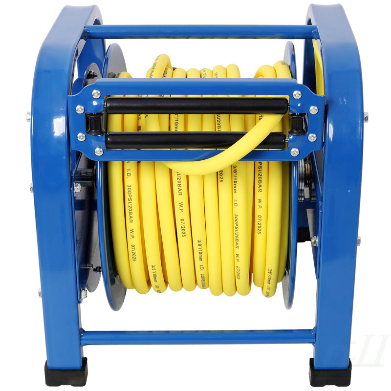 Enrouleur de tuyau d'air rétractable, 3/8 po x 100 pieds, 300 PSI, acier à ressort, tuyau industriel robuste, hybride, portable et durable