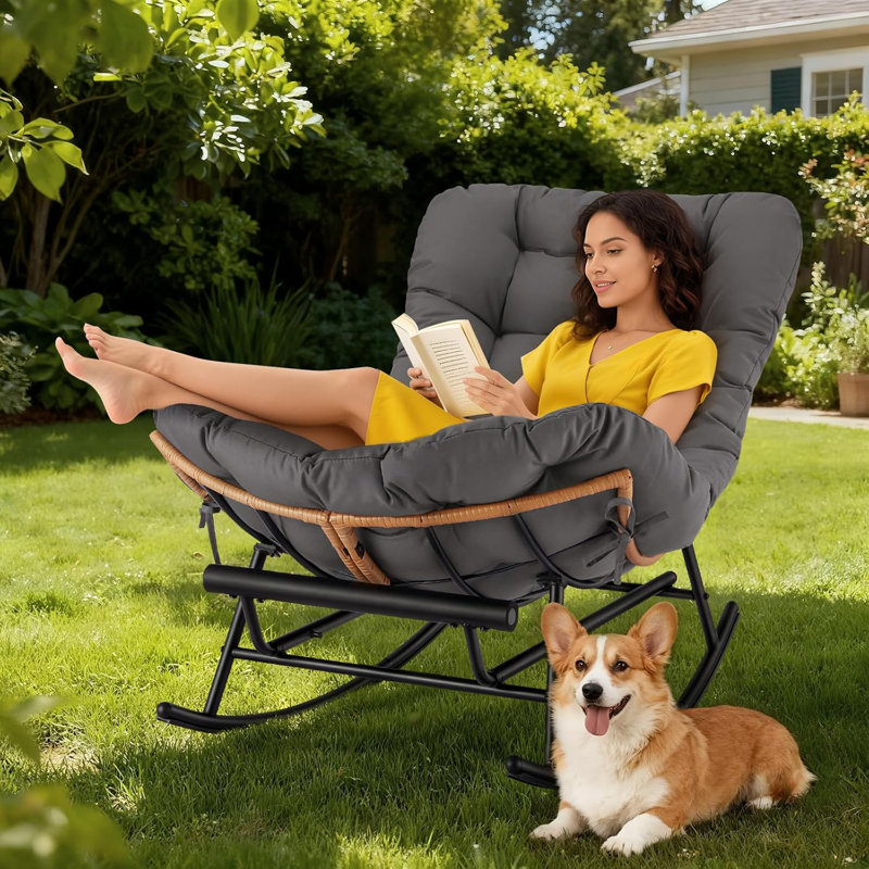 Papasan Rocking Chair with Footrest, Rattan Lounge Chair with Cushion, Gray